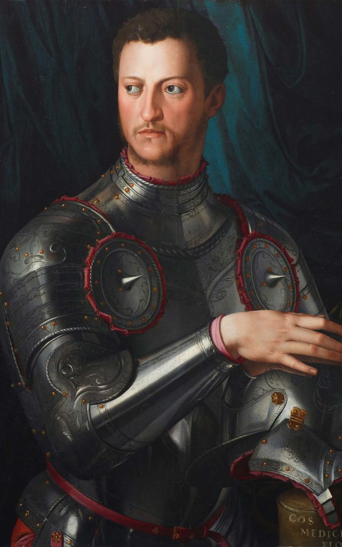 Detail of a painted portrait of Cosimo I de’ Medici in lustrous armor posed in three-quarter view while looking sideways in the opposite direction; the image itself takes the shape of a long rectangle with rounded edges like a mobile smart phone and floats against a color gradient background transitions from black to luminous turquoise, picking up on the fabric backdrop colors in the portrait